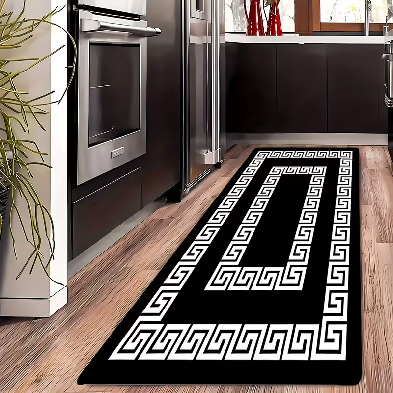 Commercial Kitchen Mats Anti Fatigue - Black White Greek Key Border Runner